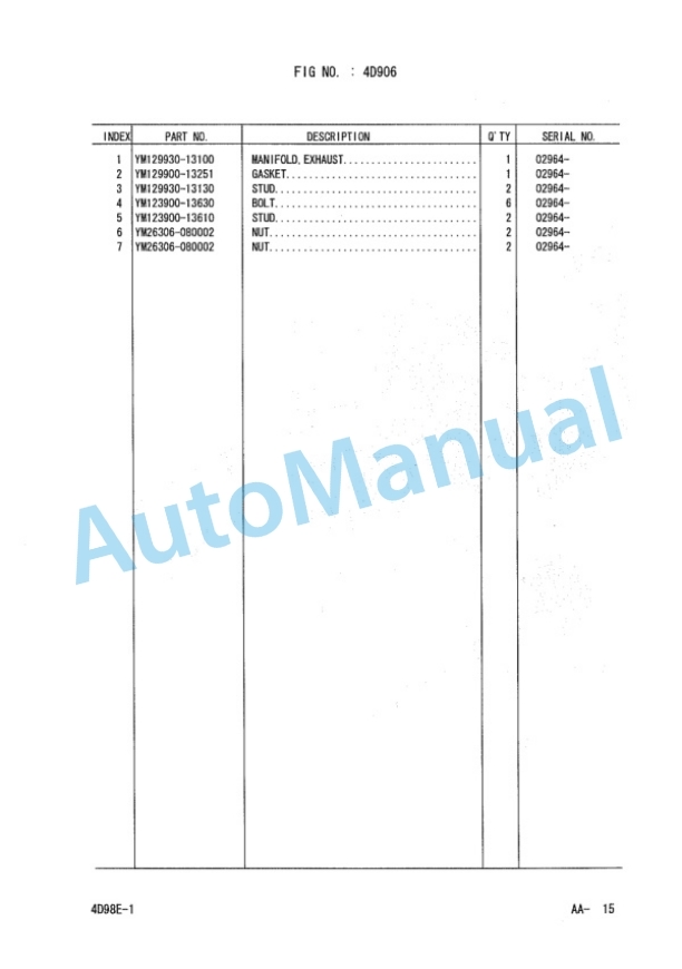 Komatsu 4D98E-1G38-BM, 4D98E-1G45-BM, 4D98E-1G46-BM Parts Manual PEB16E2-01F-3