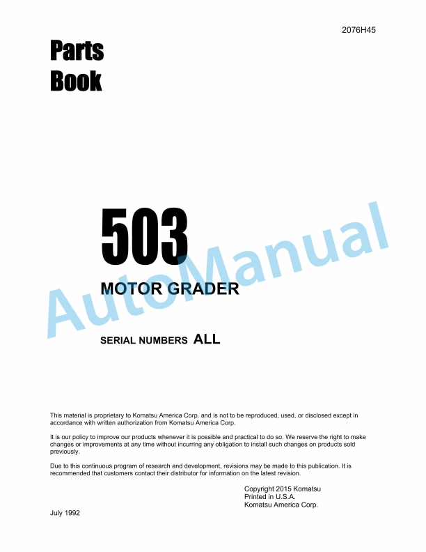 Komatsu 503 Motor Grader Parts Manual 2076H45