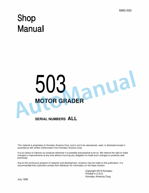 Komatsu 503 Motor Grader Shop Manual SMG-503