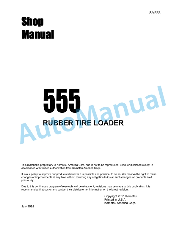 Komatsu 555 Rubber Tire Loader Shop Manual SM555