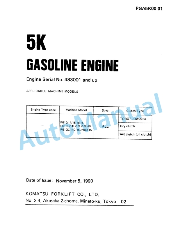 Komatsu 5K Gasoline Engine Parts Manual PGA5K00-01