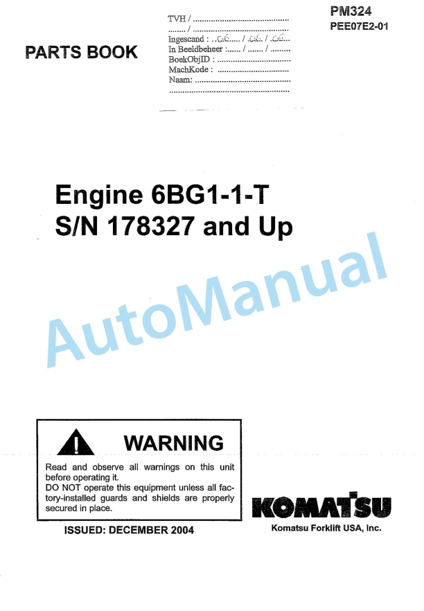 Komatsu 6BG1-1-T Engine Parts Manual PM324