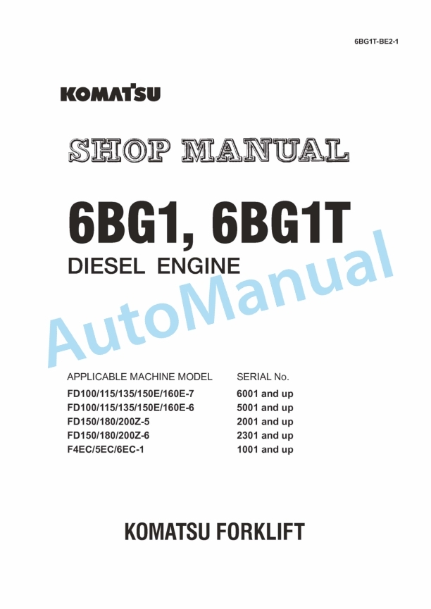 Komatsu 6BG1, 6BG1T Diesel Engine Shop Manual 6BG1T-BE2-1