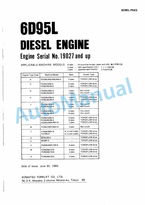 Komatsu 6D95L Diesel Engine Parts Manual 6D95L-PNE5