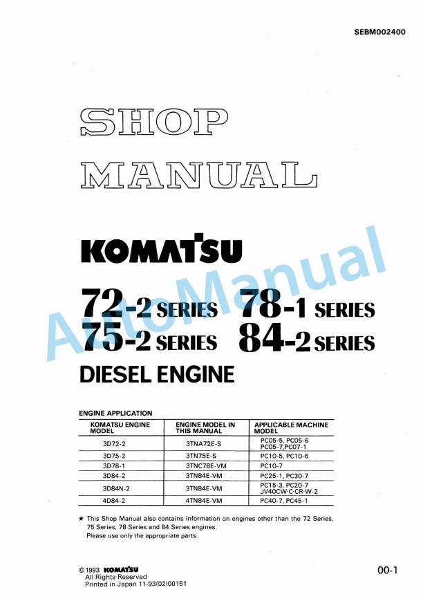 Komatsu 72-2, 75-2, 78-1, 84-2 Series Diesel Engine Shop Manual SEBM002400