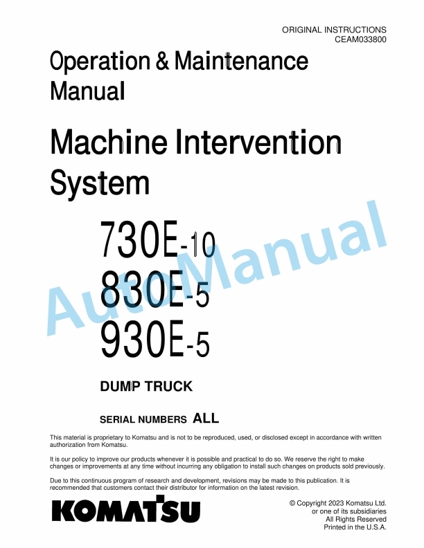 Komatsu 730E-10, 830E-5, 930E-5 Dump Truck Operation and Maintenance Manual CEAM033800