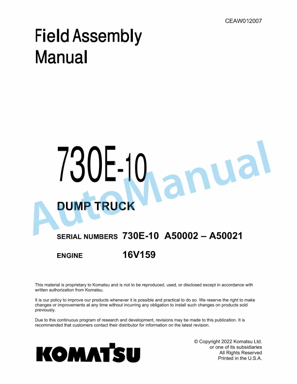 Komatsu 730E-10 Dump Truck Field Assembly Instruction CEAW012007