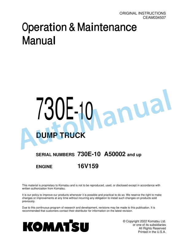 Komatsu 730E-10 Dump Truck Operation and Maintenance Manual CEAM034507