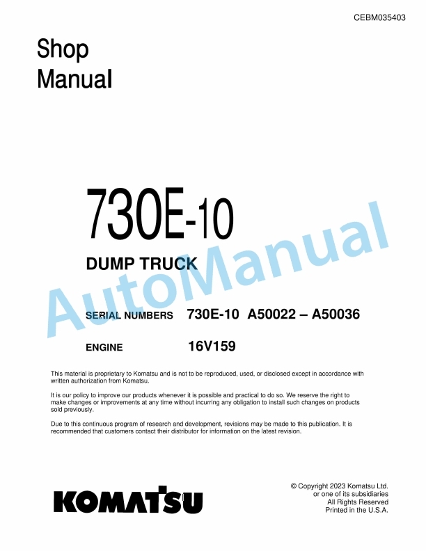 Komatsu 730E-10 Dump Truck Shop Manual CEBM035403