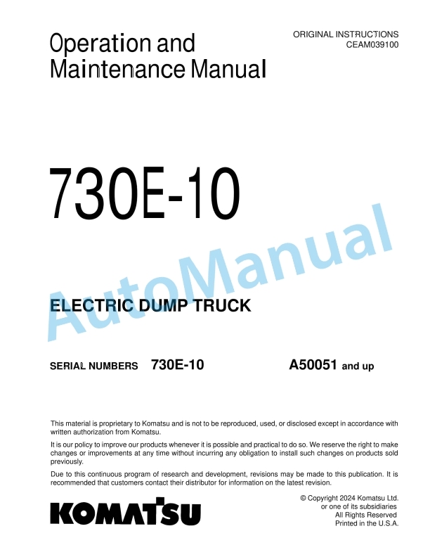 Komatsu 730E-10 Electric Dump Truck Operation and Maintenance Manual CEAM039100