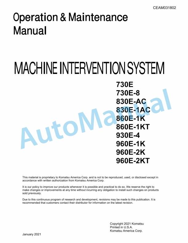 Komatsu 730E, 730E-8, 830E-AC, 830E-1AC, 860E-1K, 860E-1KT, 930E-4, 960E-1K, 960E-2K, 960E-2KT Machine Intervention System Operation and Maintenance Manual CEAM031802
