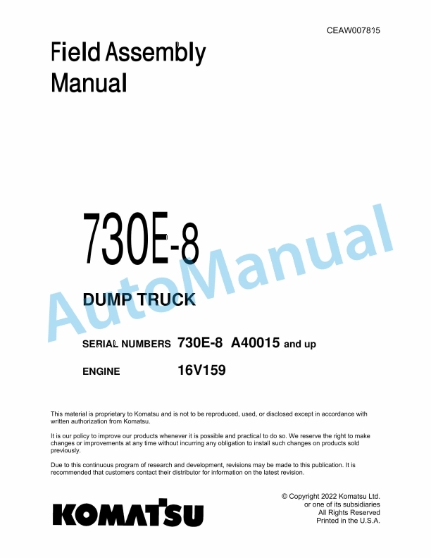 Komatsu 730E-8 Dump Truck Field Assembly Instruction CEAW007815