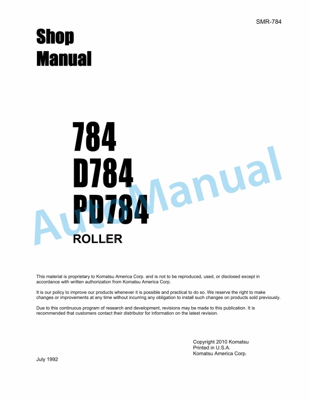 Komatsu 784, D784, PD784 Roller Shop Manual SMR-784