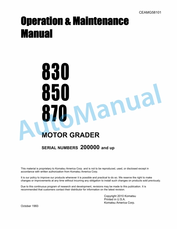 Komatsu 830, 850, 870 Motor Grader Operation and Maintenance Manual CEAMG58101