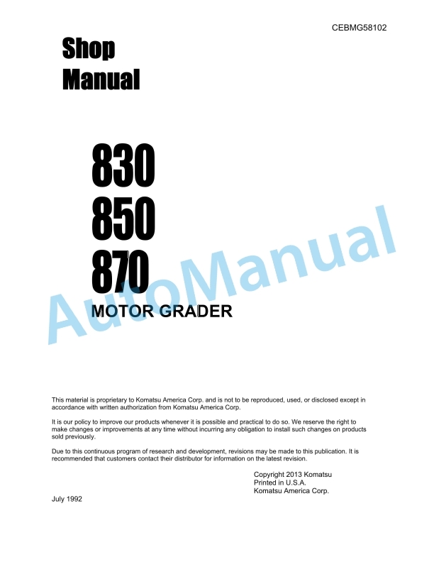 Komatsu 830, 850, 870 Motor Grader Shop Manual CEBMG58102