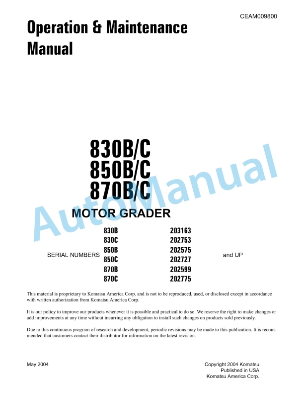 Komatsu 830B, 830C, 850B, 850C, 870B, 870C Motor Grader Operation and Maintenance Manual CEAM009800