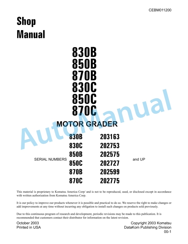 Komatsu 830B, 850B, 870B, 830C, 850C, 870C Motor Grader Shop Manual CEBD011200