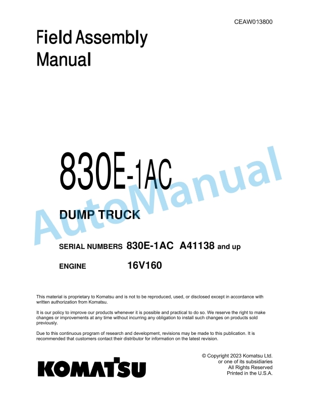Komatsu 830E-1AC Dump Truck Field Assembly Instruction CEAW013800