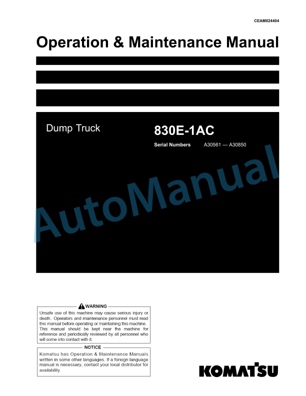 Komatsu 830E-1AC Dump Truck Operation and Maintenance Manual CEAM024404