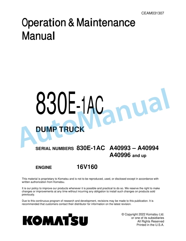 Komatsu 830E-1AC Dump Truck Operation and Maintenance Manual CEAM031307