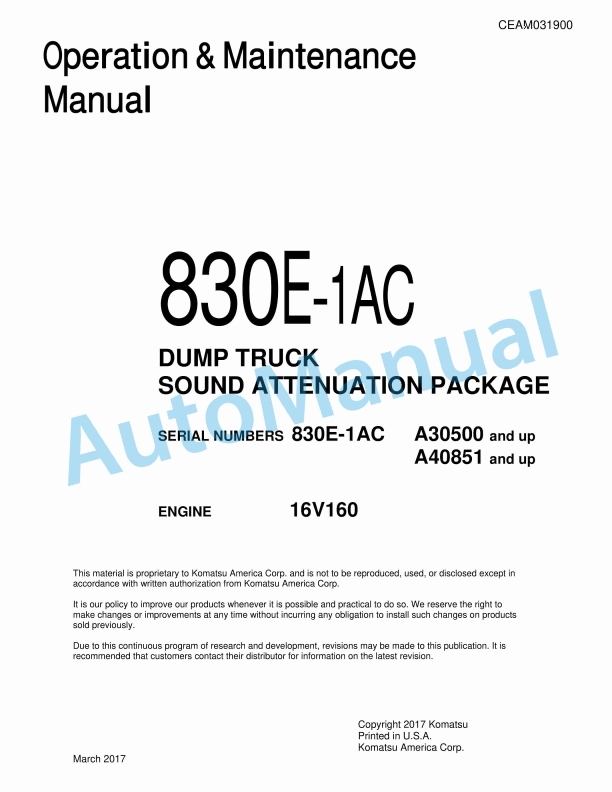 Komatsu 830E-1AC Dump Truck Operation and Maintenance Manual CEAM031900