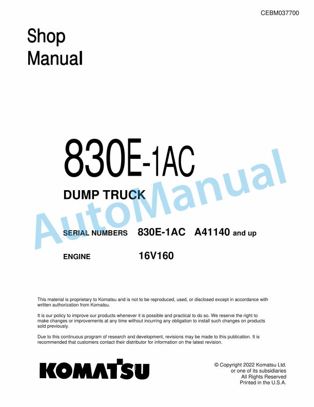 Komatsu 830E-1AC Dump Truck Shop Manual CEBM037700
