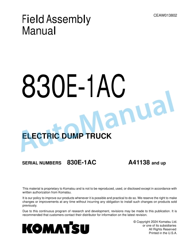 Komatsu 830E-1AC Electric Dump Truck Field Assembly Instruction CEAW013802