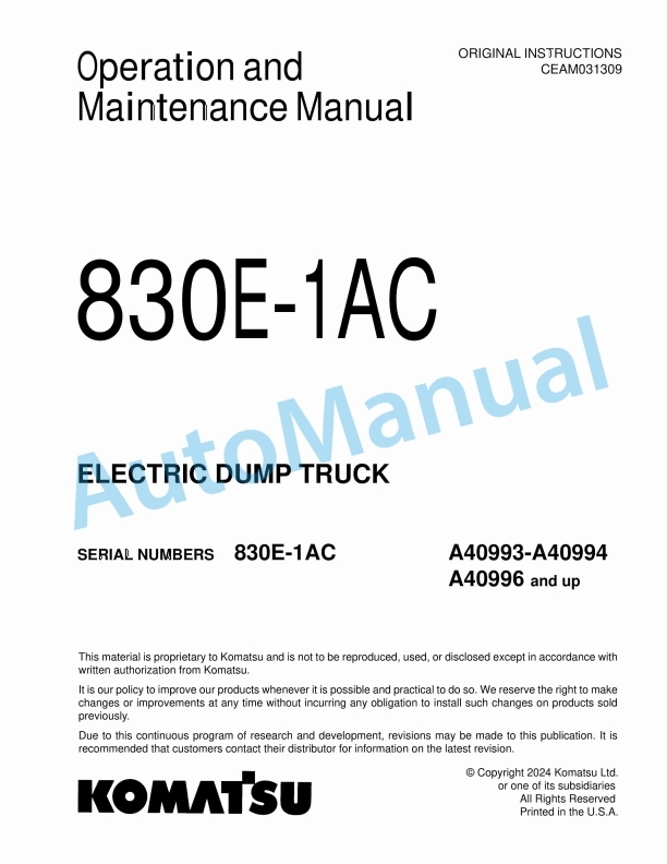 Komatsu 830E-1AC Electric Dump Truck Operation and Maintenance Manual CEAM031309