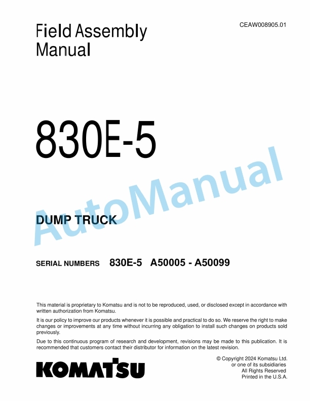 Komatsu 830E-5 Dump Truck Field Assembly Instruction CEAW008905.01
