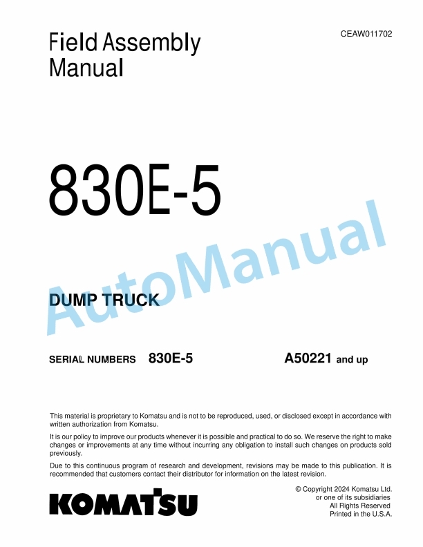 Komatsu 830E-5 Dump Truck Field Assembly Instruction CEAW011702