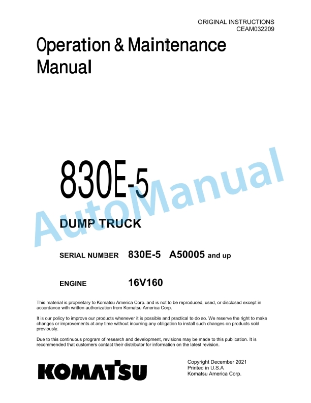 Komatsu 830E-5 Dump Truck Operation and Maintenance Manual CEAM032209