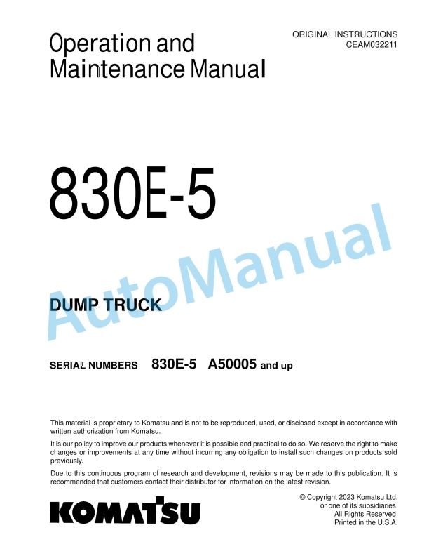 Komatsu 830E-5 Dump Truck Operation and Maintenance Manual CEAM032211