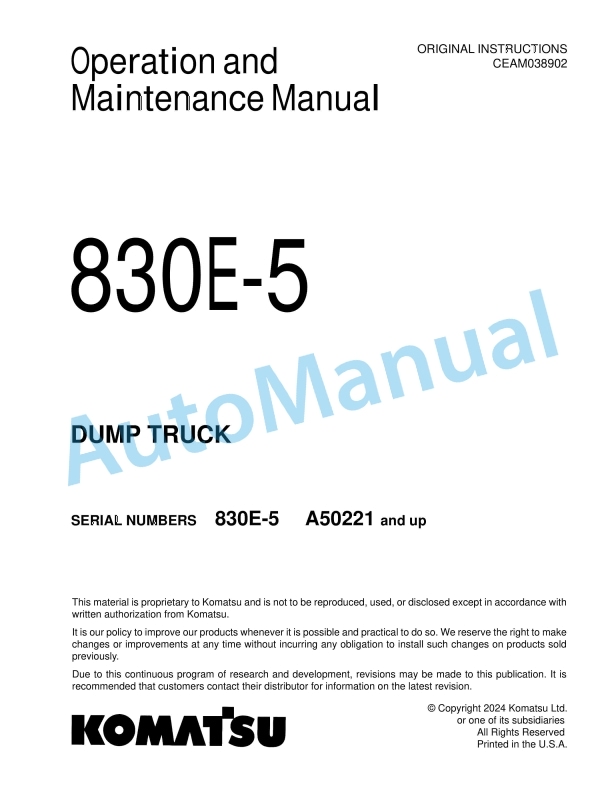 Komatsu 830E-5 Dump Truck Operation and Maintenance Manual CEAM038902
