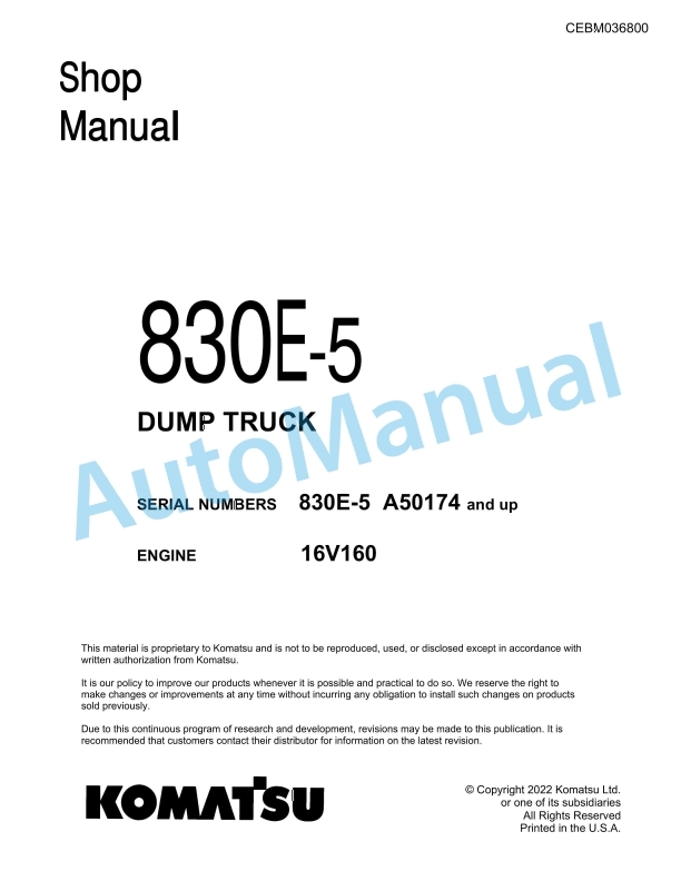 Komatsu 830E-5 Dump Truck Shop Manual CEBM036800