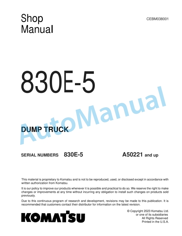 Komatsu 830E-5 Dump Truck Shop Manual CEBM038001