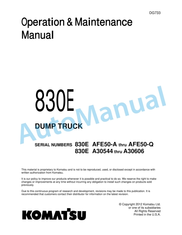 Komatsu 830E-8 Dump Truck Operation and Maintenance Manual DG733