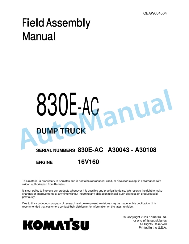 Komatsu 830E-AC Dump Truck Field Assembly Instruction CEAW004504