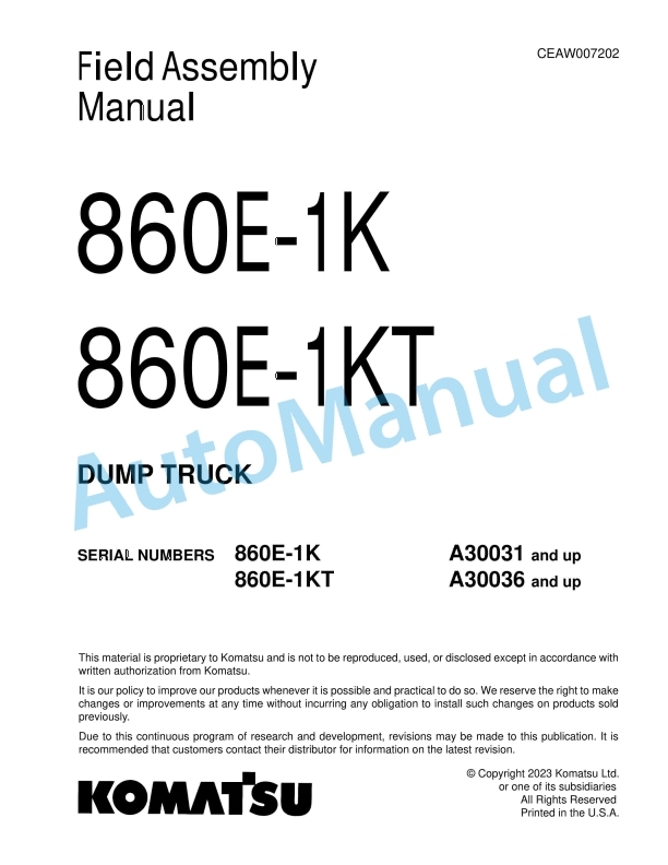Komatsu 860E-1K, 860E-1KT Dump Truck Field Assembly Instruction CEAW007202