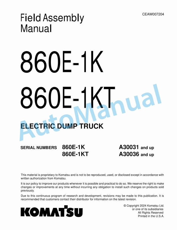 Komatsu 860E-1K, 860E-1KT Electric Dump Truck Field Assembly Instruction CEAW007204