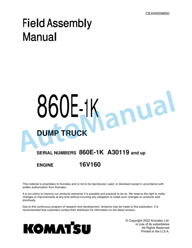 Komatsu 860E-1K Dump Truck Field Assembly Instruction CEAW009650
