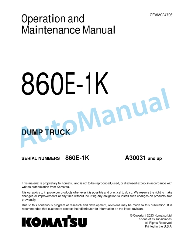 Komatsu 860E-1K Dump Truck Operation and Maintenance Manual CEAM024706