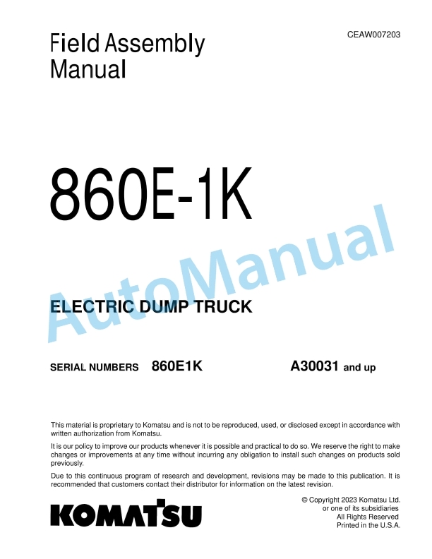 Komatsu 860E-1K Electric Dump Truck Field Assembly Instruction CEAW007203