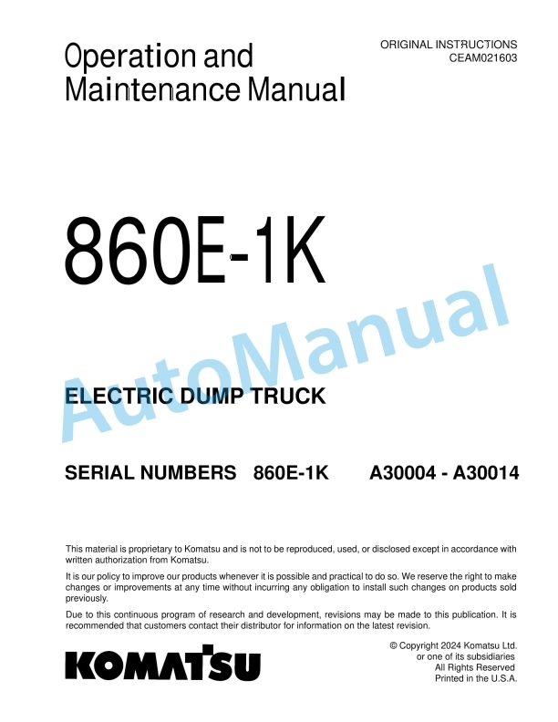 Komatsu 860E-1K Electric Dump Truck Operation and Maintenance Manual CEAM021603
