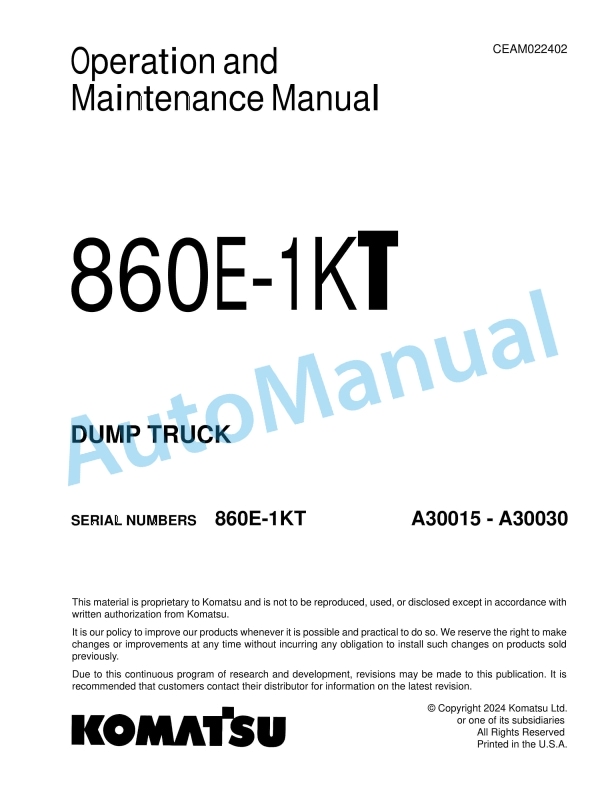 Komatsu 860E-1KT Dump Truck Operation and Maintenance Manual CEAM022402