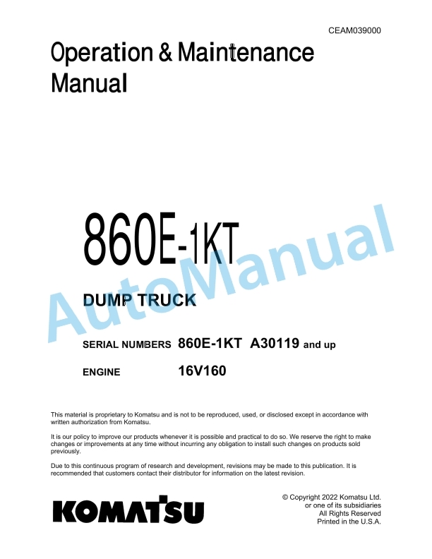 Komatsu 860E-1KT Dump Truck Operation and Maintenance Manual CEAM039000
