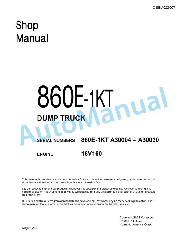 Komatsu 860E-1KT Dump Truck Shop Manual CEBM022007
