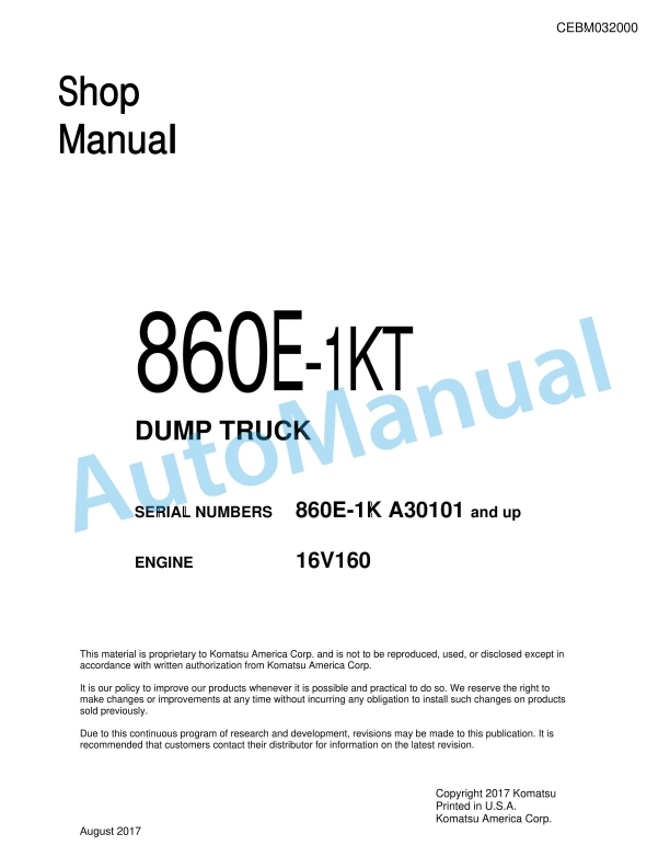 Komatsu 860E-1KT Dump Truck Shop Manual CEBM032000