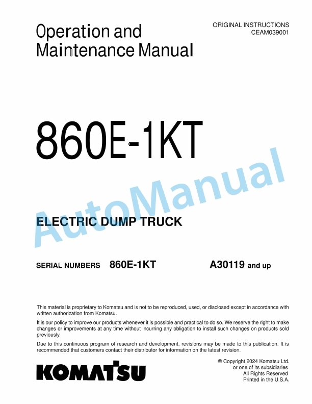Komatsu 860E-1KT Electric Dump Truck Operation and Maintenance Manual CEAM039001