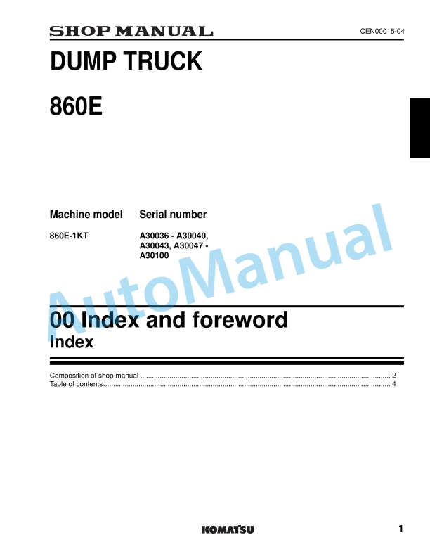 Komatsu 860E Dump Truck Shop Manual CEN00015-04