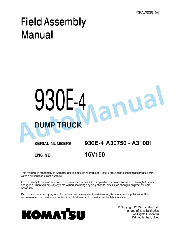 Komatsu 930E-4 Dump Truck Field Assembly Instruction CEAW006104